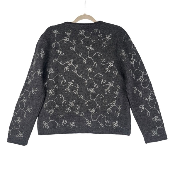 Tally Ho Cardigan Sweater Vintage 70s 80s Gray 100% Wool Embroidered Size M - Picture 4 of 7